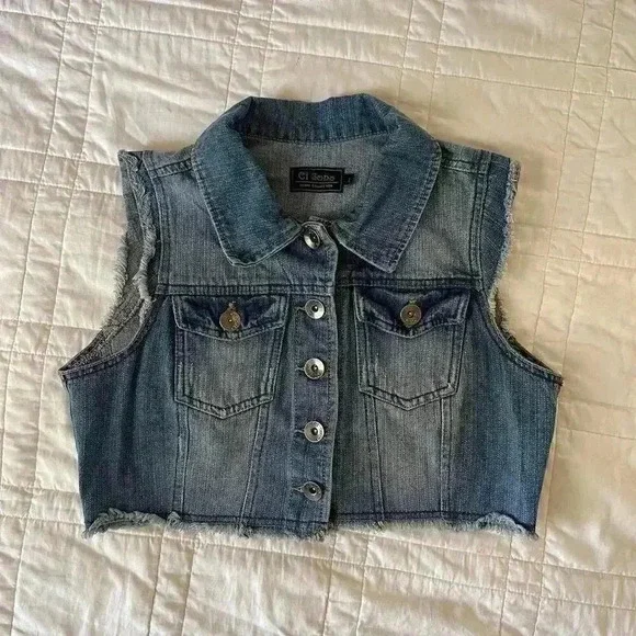 Ci sono western denim vest girls size large Y2K boho hippie buttons cutoff faded - Picture 1 of 4